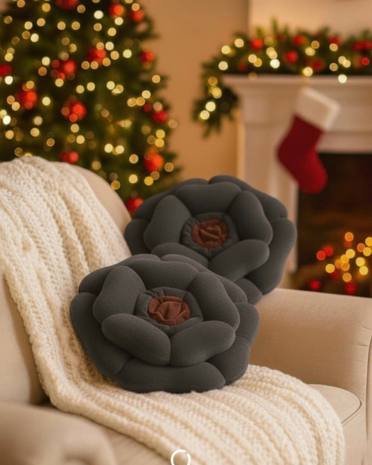 Luxury Floral Cushion Set | Charcoal Grey Flower-Shaped Decorative Cushions with Brown Centre for Sofa, Bed & Living Room
