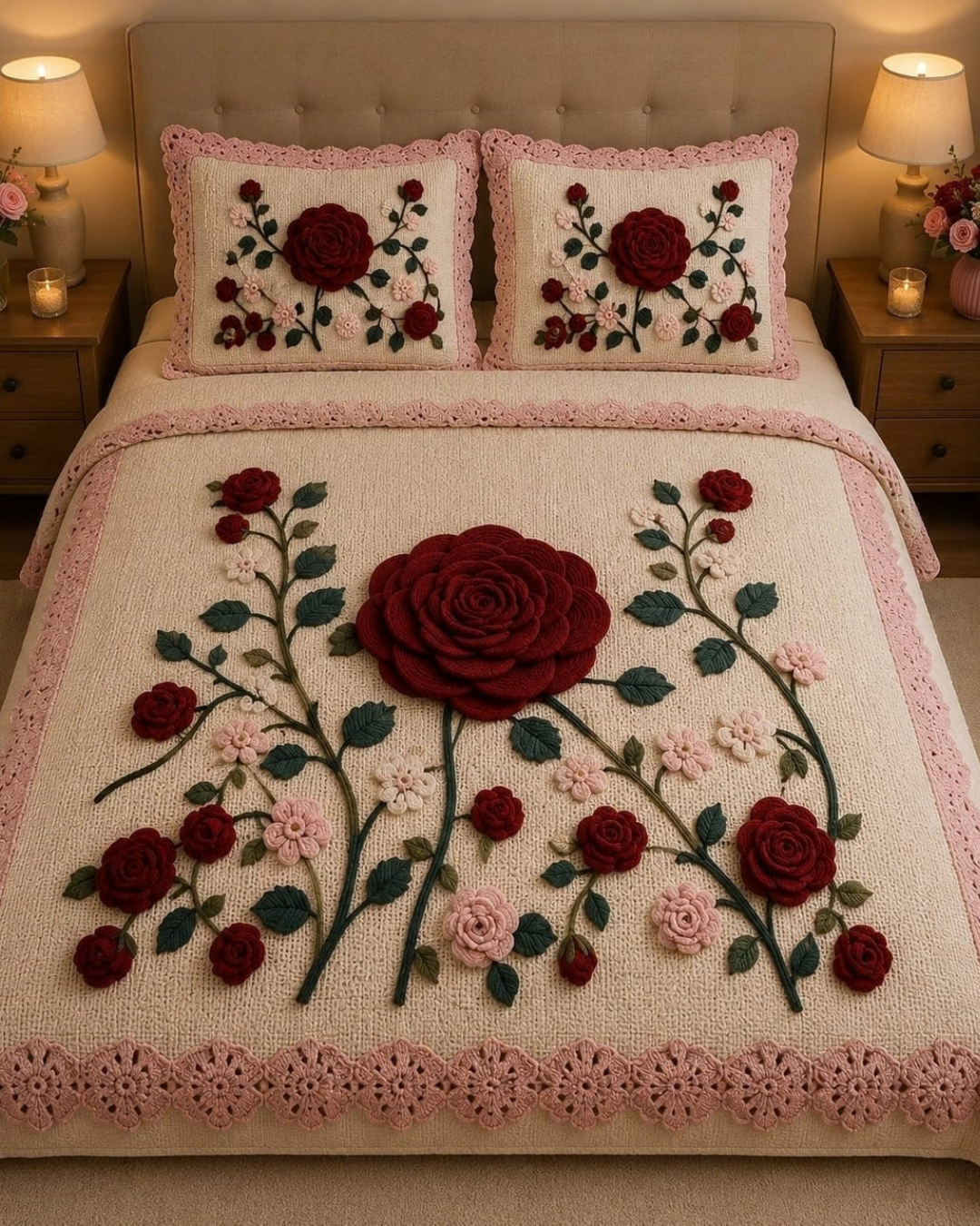 Luxury Cream & Burgundy Rose Quilted Bedsheet Set – King Size 108×108 Inches