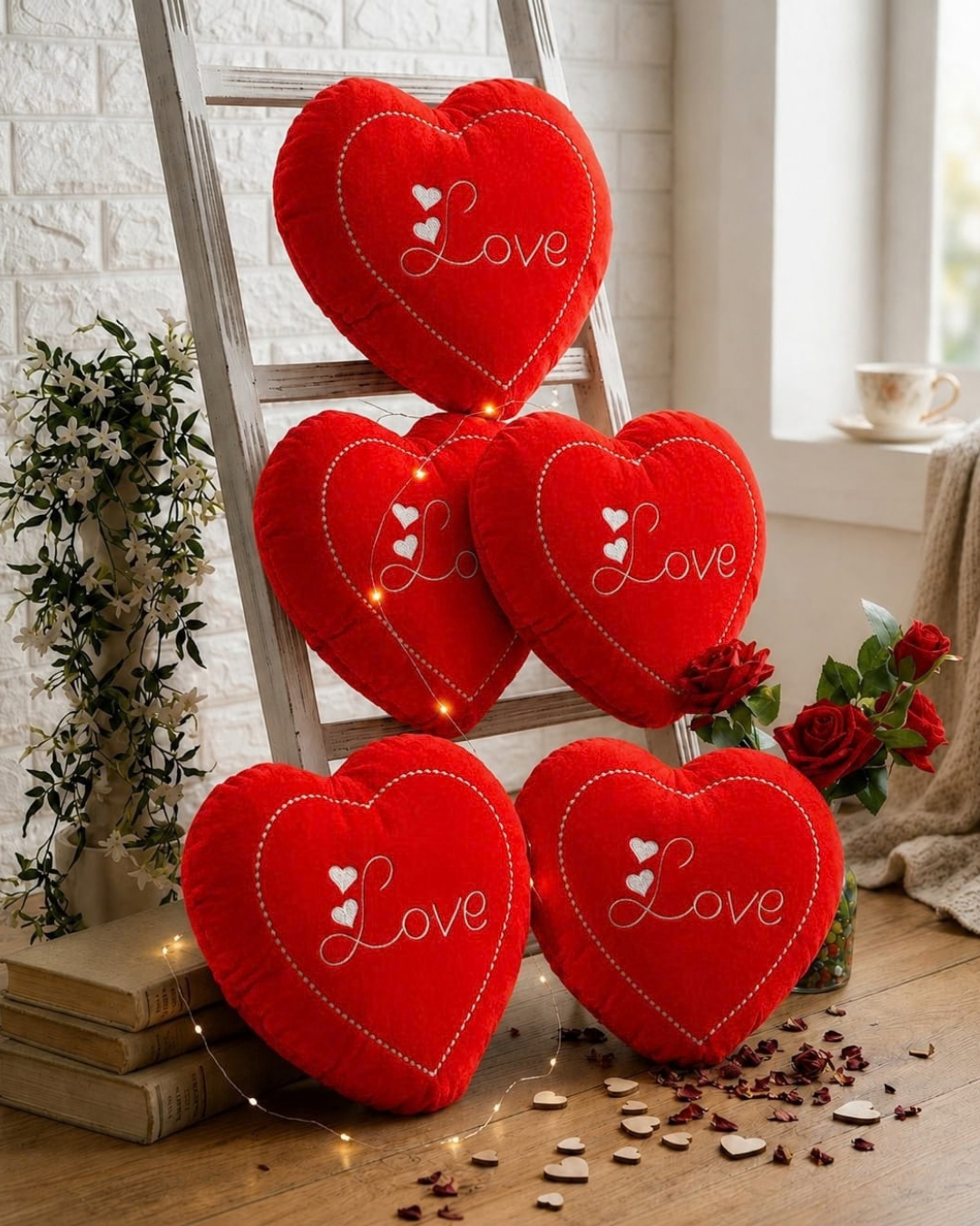 Red Heart Embroidered Velvet Cushion Set of 5 – Love Patch, Soft Filled Cushions & Premium Décor