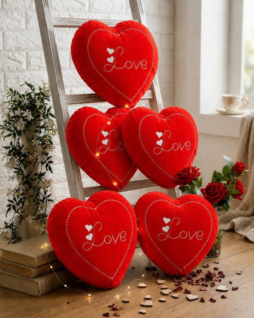 Red Heart Embroidered Velvet Cushion Set of 5 – Love Patch, Soft Filled Cushions & Premium Décor