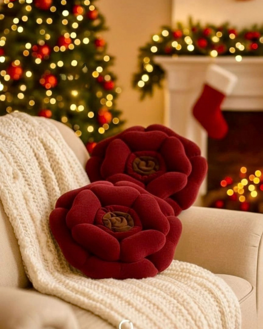 Luxury Floral Cushion Set | Deep Red Flower-Shaped Decorative Cushions with Brown Centre for Sofa, Bed & Living Room