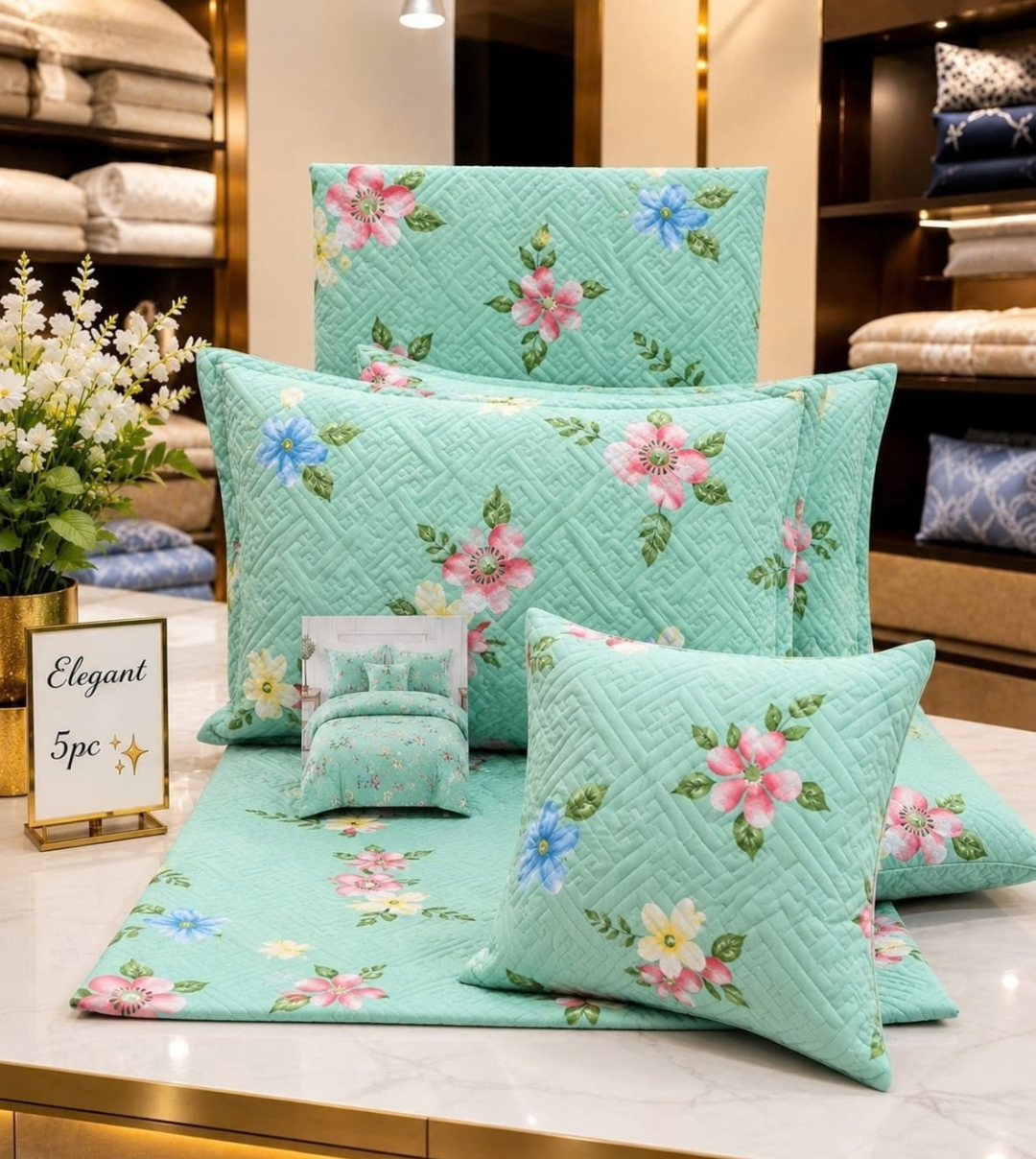 Luxury Mint Green Floral Quilted 5-Piece Glace Cotton Queen Size Bedsheet Set with Cushions