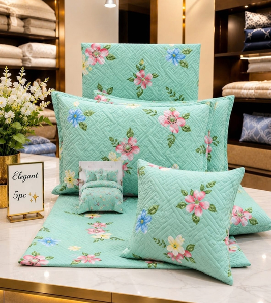 Luxury Mint Green Floral Quilted 5-Piece Glace Cotton Queen Size Bedsheet Set with Cushions