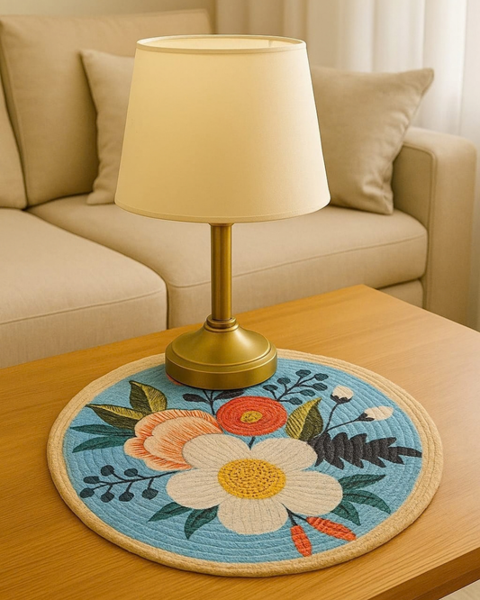 Jute Round Floral Printed Table Mat | Sky Blue | Decorative Mat for Coffee Table, Side Table & Home Décor