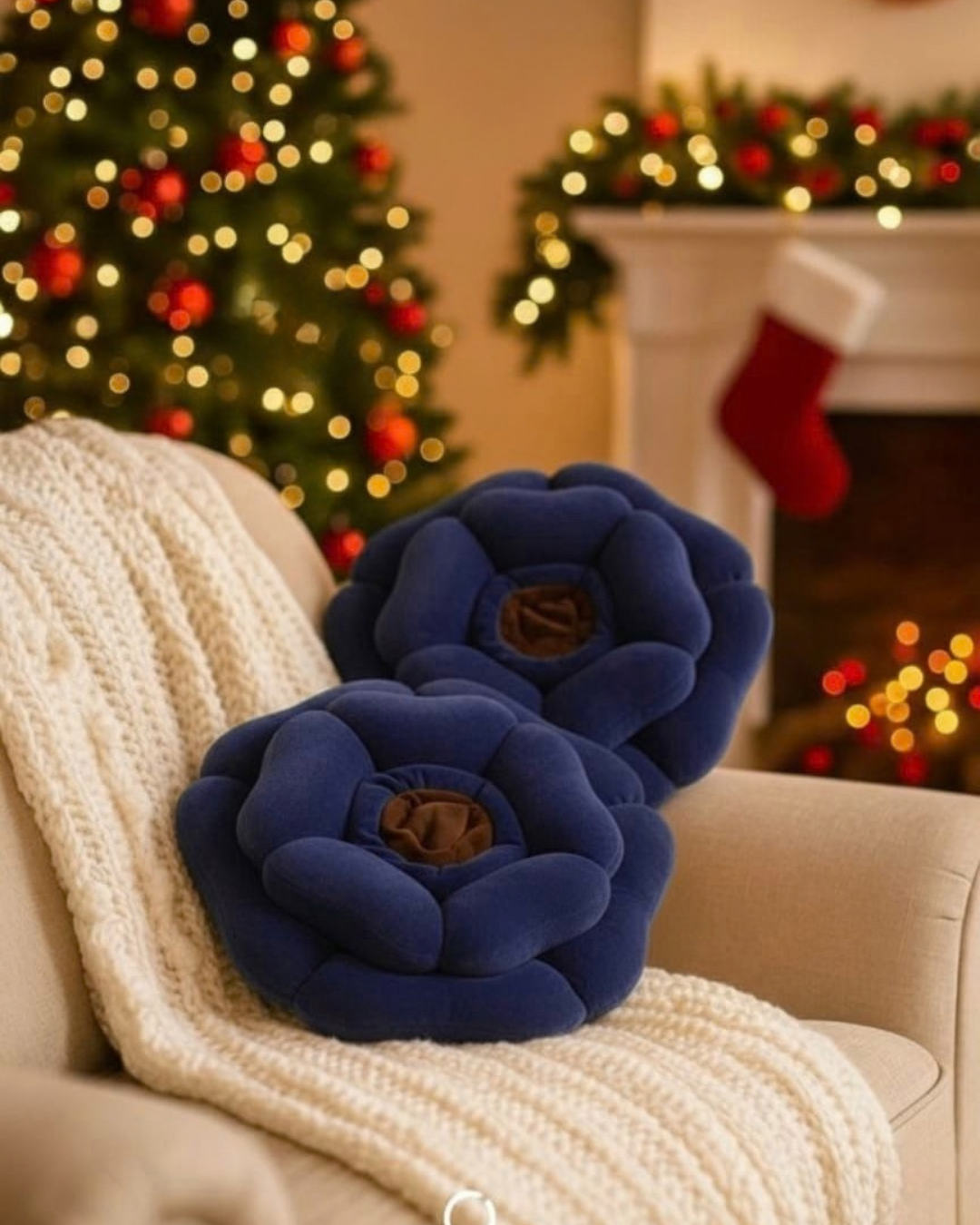 Luxury Floral Cushion Set | Navy Blue Flower-Shaped Decorative Cushions with Brown Centre for Sofa, Bed & Living Room