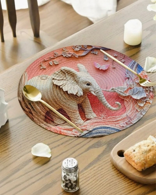 Jute Round Elephant Floral Printed Mat | Multicolour | Decorative Mat for Dining Table, Coffee Table & Home Décor