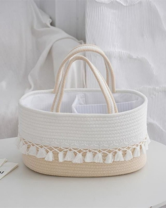 Elegant Beige & White Jute Hamper Basket – Decorative Gifting & Storage Basket with Tassel Detailing, 11×12 Inch