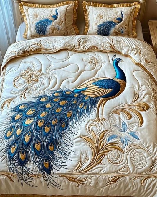 Luxury Soft Peacock Embroidered Quilted Bedsheet Set Description