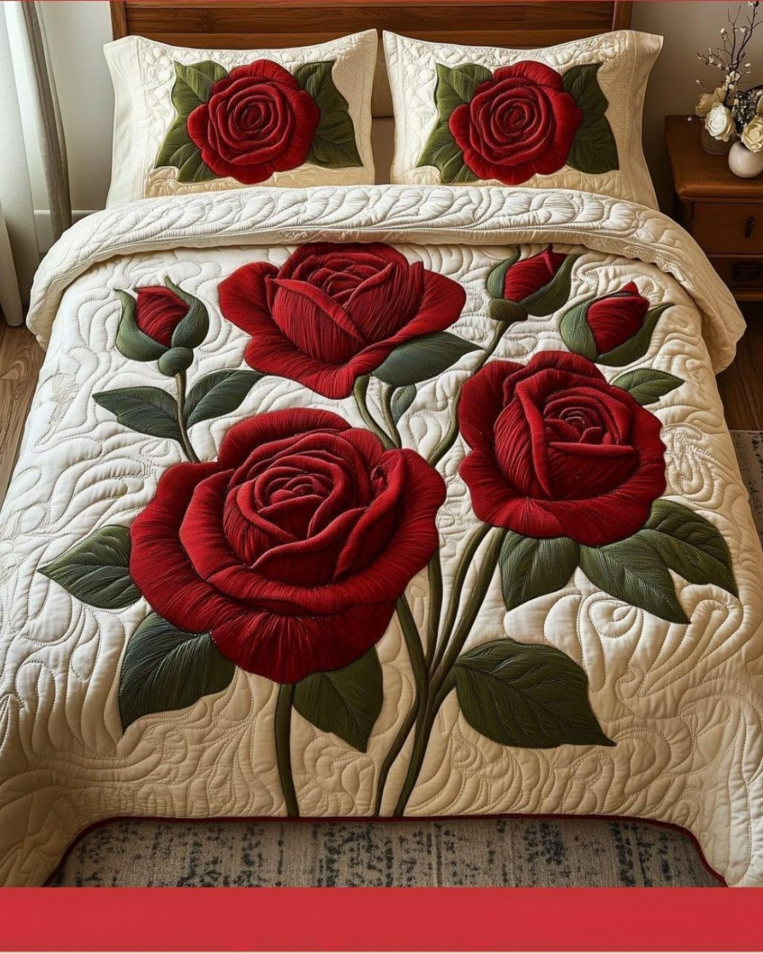 Premium 3D Rose Floral Faux Quilted King Size Bedsheet Set