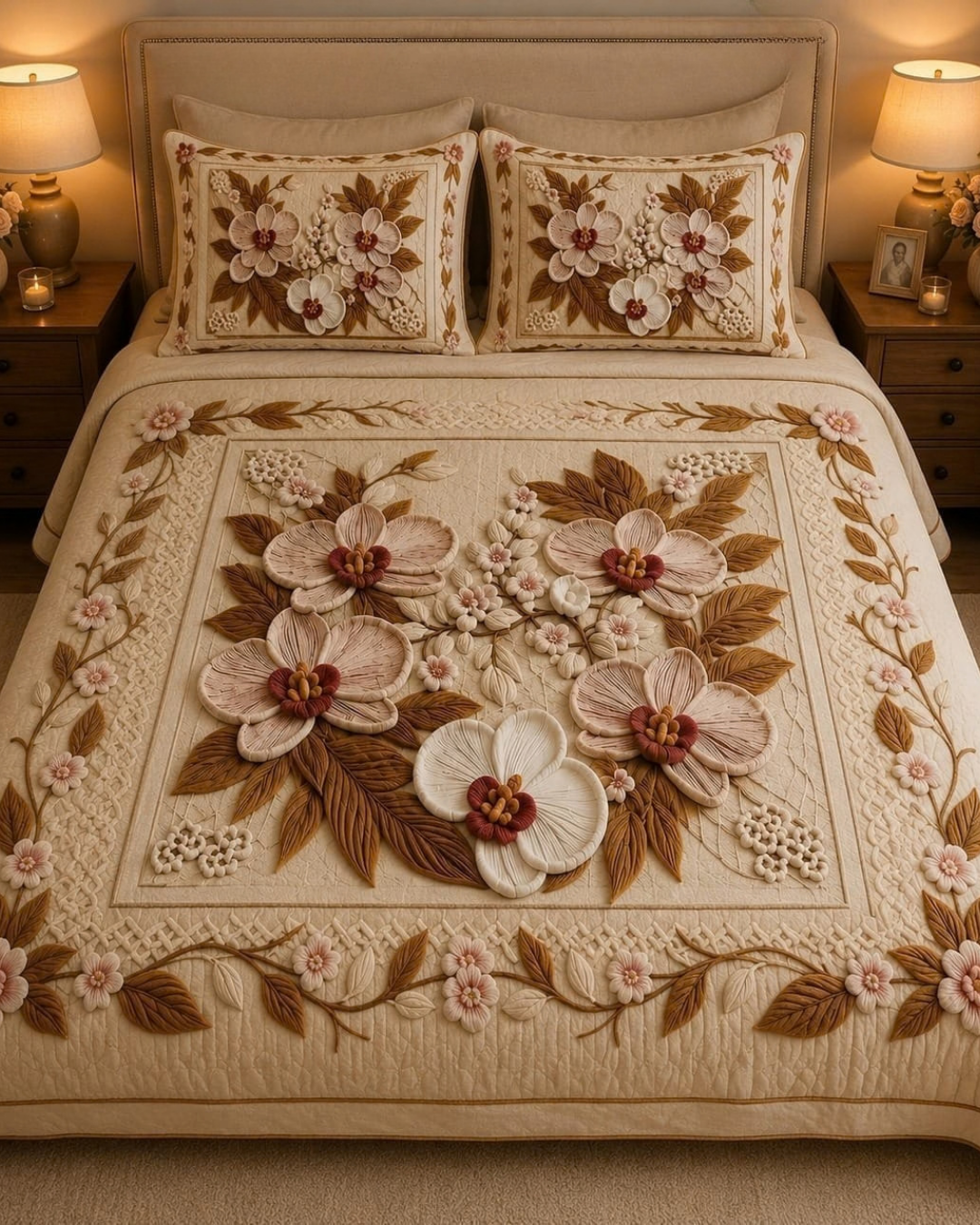 Luxury Beige Floral Quilted King Size Bedsheet Set – 108×108