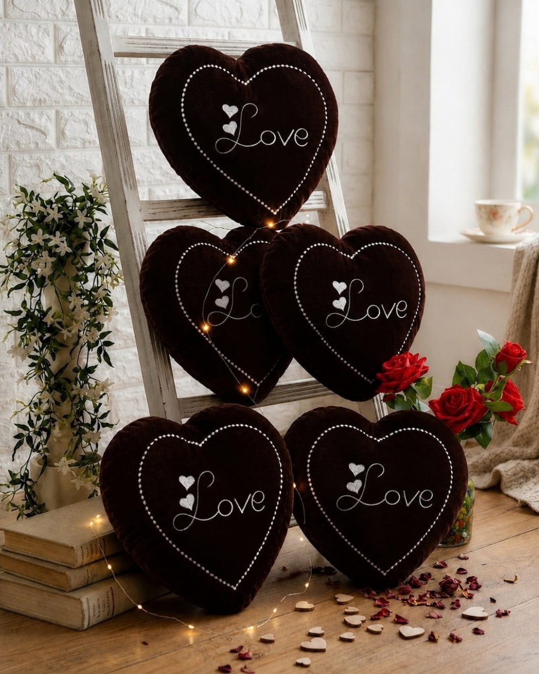Dark Chocolate Brown Heart Embroidered Velvet Cushion Set of 5 – Love Design, Soft Filled & Premium Décor