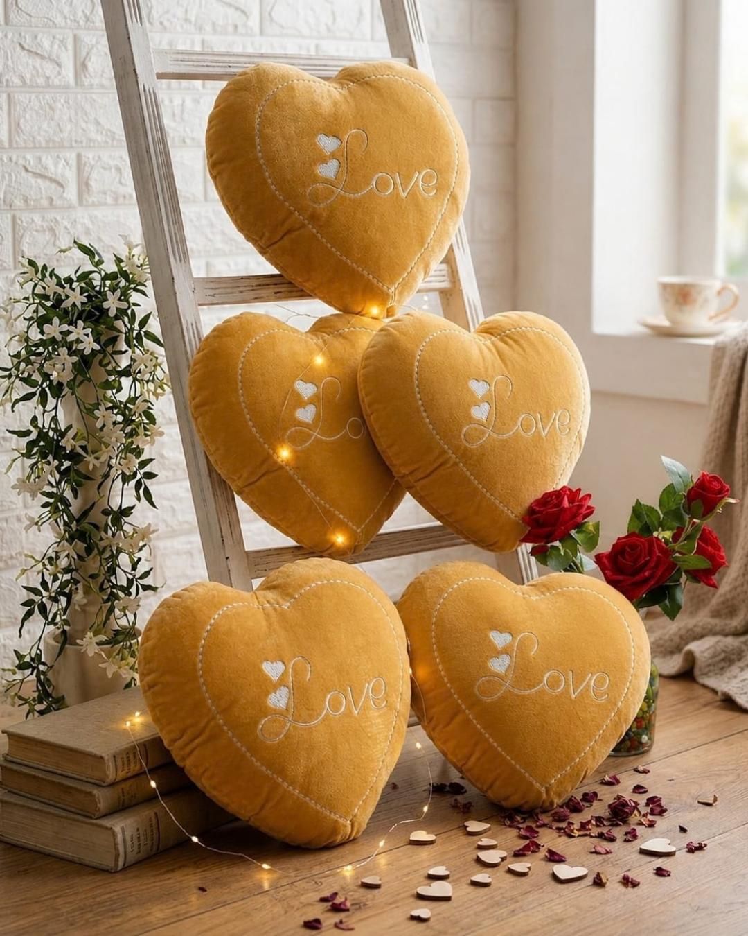 Mustard Yellow Heart Embroidered Velvet Cushion Set of 5 – Love Design, Soft Filled & Premium Décor