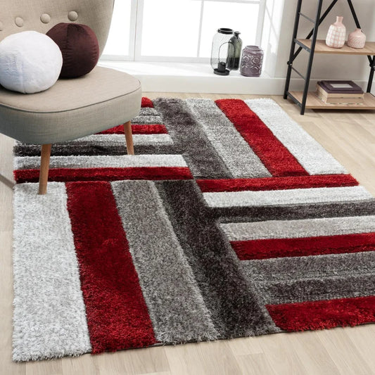 Red & Grey Geometric 3D Carved Design Super Soft Microfiber Modern Hand Tufted Floor Rug