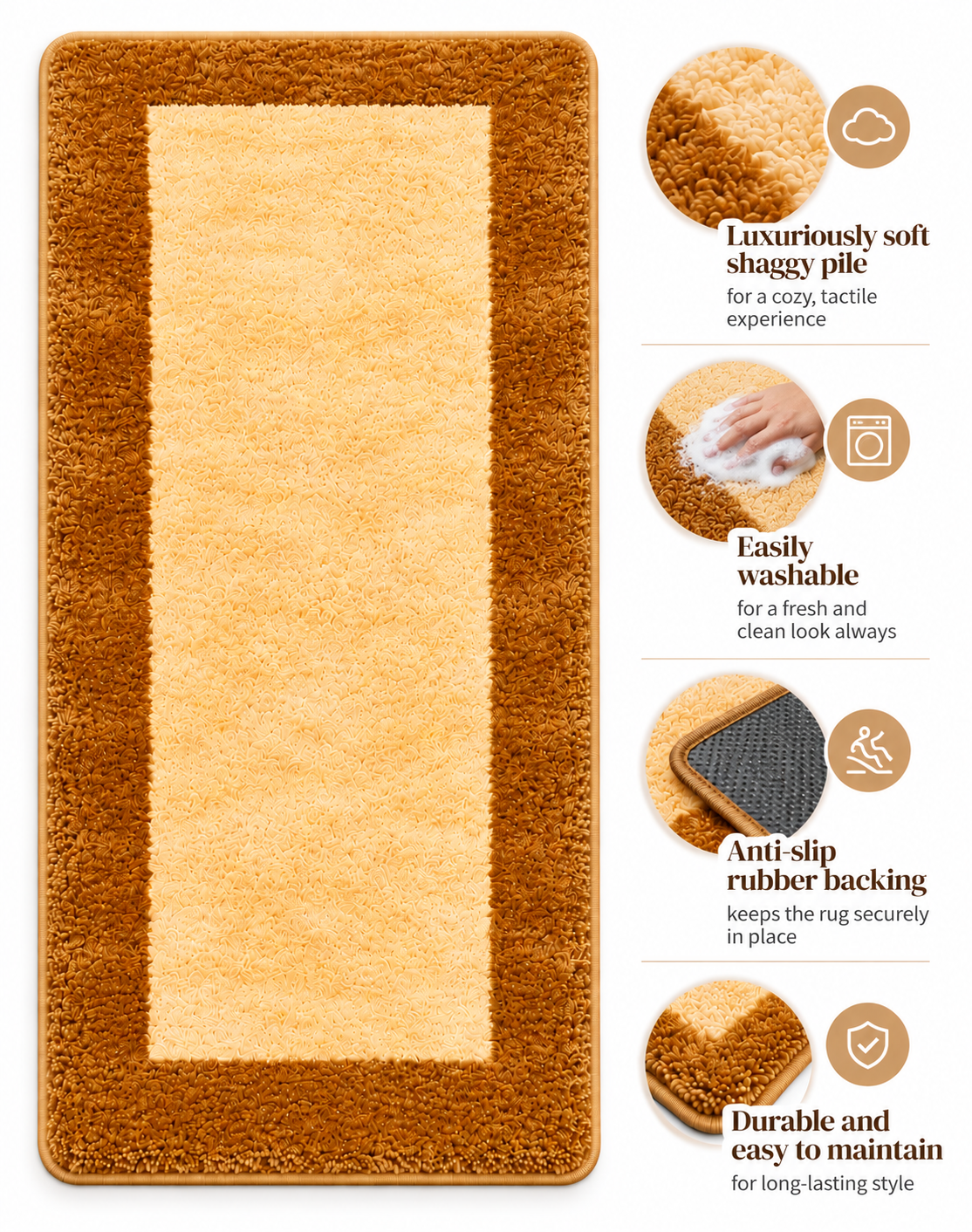 Ivory & Beige Bedside Runner – Soft Microfiber, Anti-Skid Backing