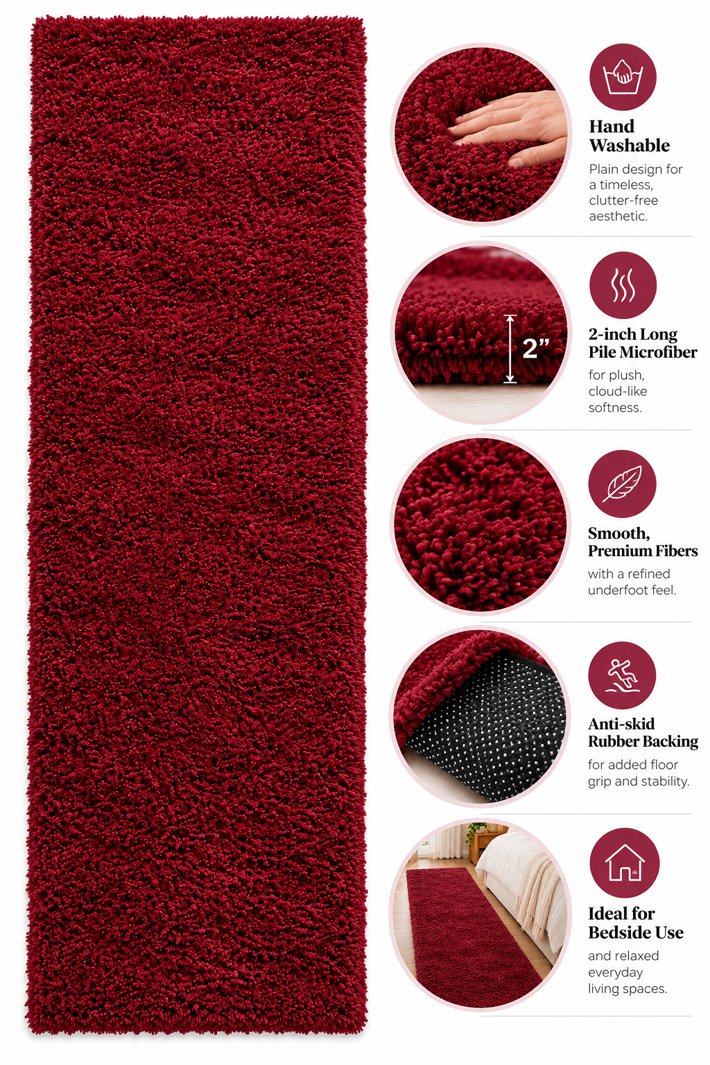 Maroon 2Inch long pile Premium Microfiber Bedside Runner Carpet - Soft Feel, Anti-Skid Rubber Backing