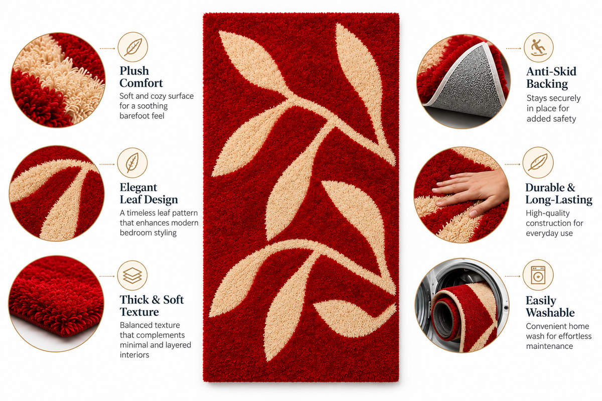 Red and Beige Leaf Beautiful Premium Microfiber Bedside Runner full anti-skid  baking