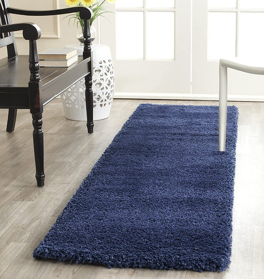 Navy Blue Plain Premium Shaggy Bedside Runner Rug - Luxurious Bedroom Carpet