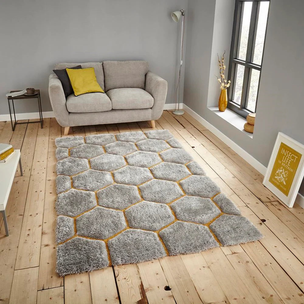 Kashyapa Rugs Collection - Grey & Mustard Geometric Hexagon Design Hand Tufted Modern Floor Rug