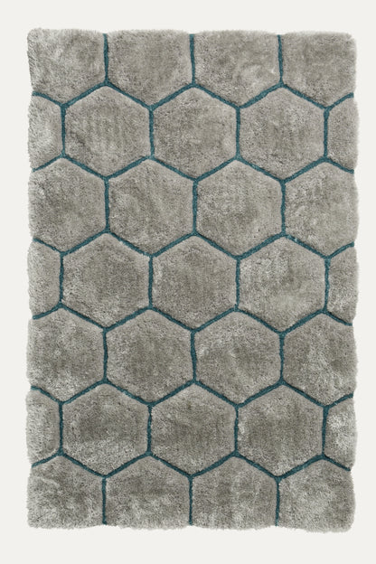 Grey & Aqua Geometric Hexagon Design Hand Tufted Modern Floor Rug