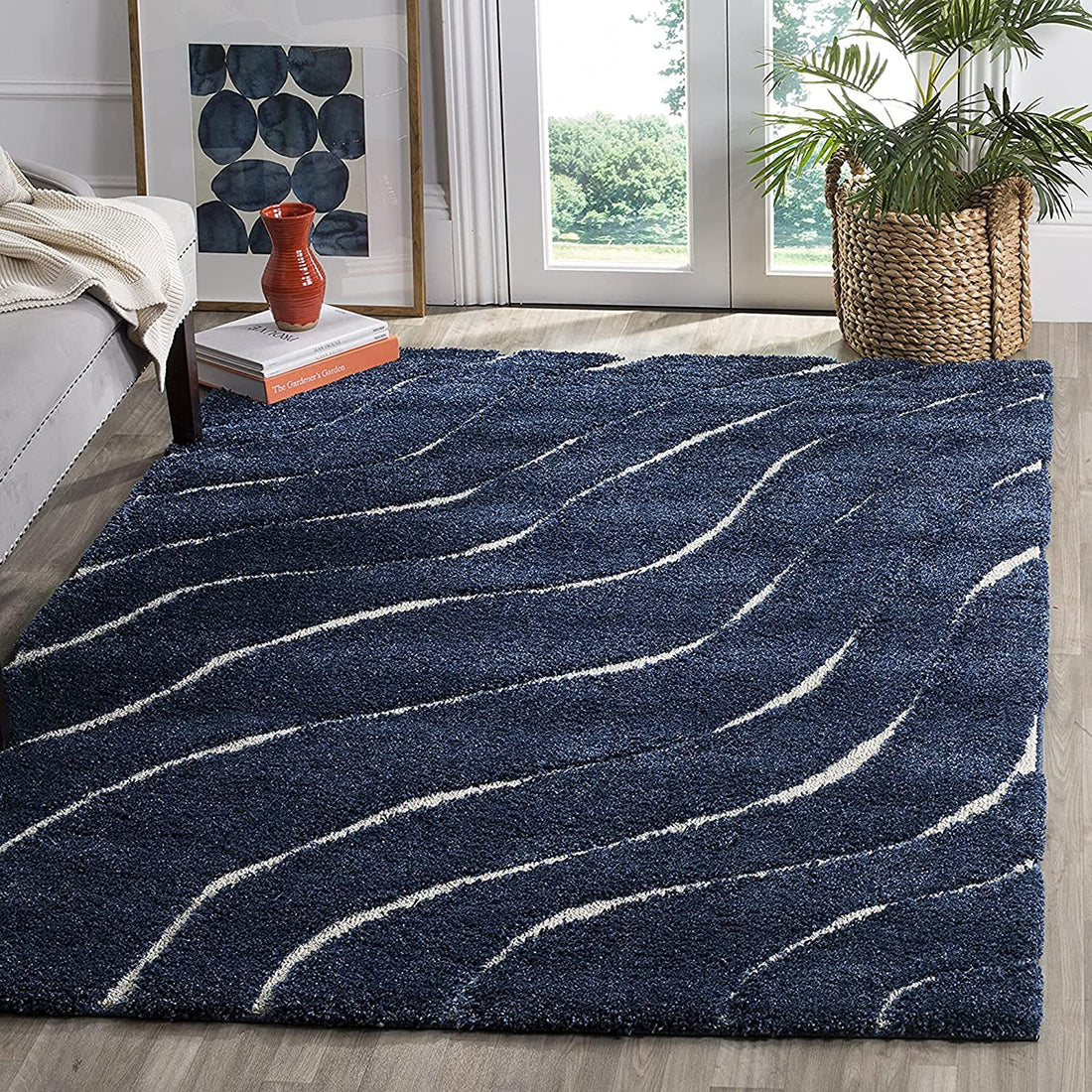 Navy Blue Waves Microfiber Carpet – Soft Feel with Anti-Skid Backing