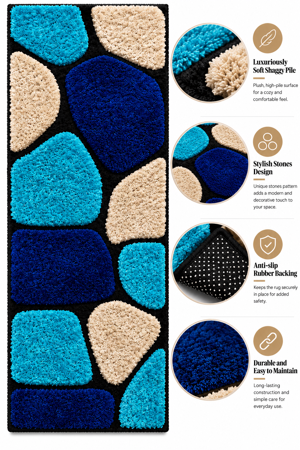 Blue Stones  Bedside Runner – Soft Microfiber, Anti-Skid Rubber Backing