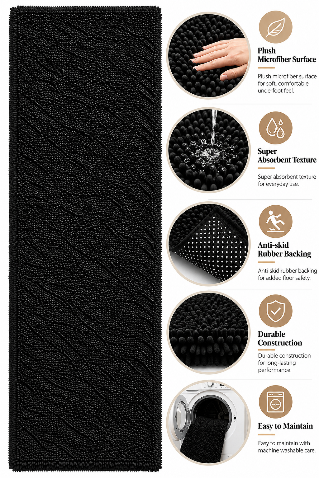Beautiful Black 2 Inch long Pile Premium Microfiber Bedside Runner -  Soft Feel, Anti-Skid Backing