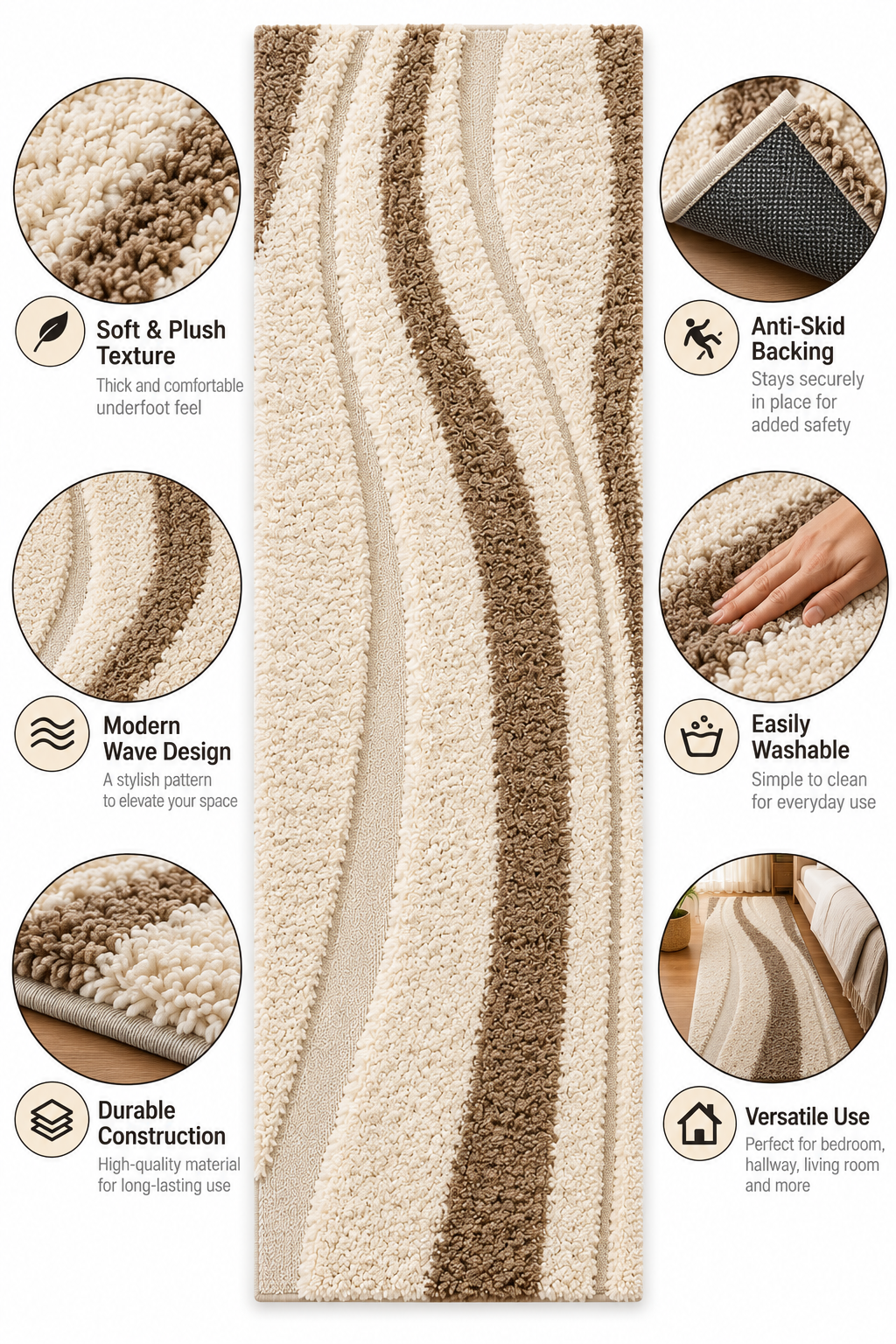 Ivory & Beige Abstract Striped Shaggy Runner Rug – Soft Feel with Anti-Skid Backing