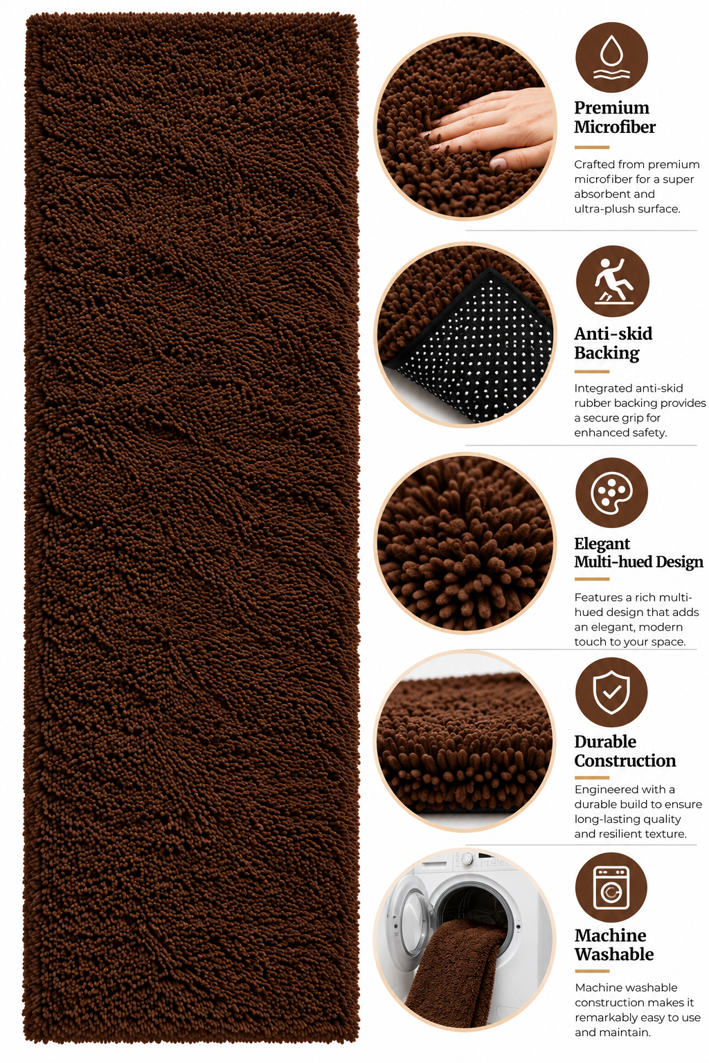 Beautiful Brown 2 Inch Pile Premium Microfiber Runner - Soft Feel, Anti-Skid Backing