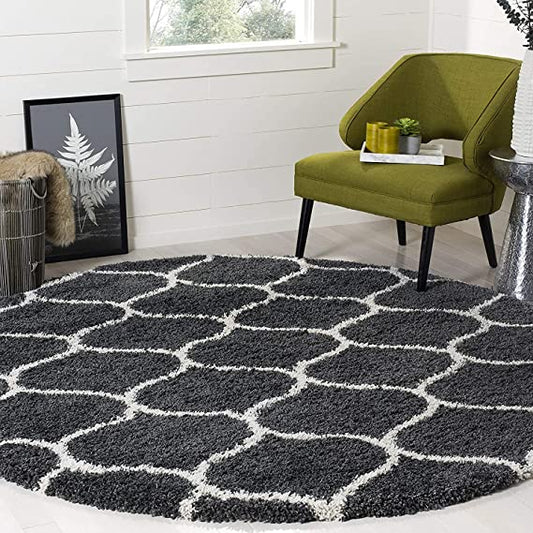 Kashyapa Rugs Collection - Black With Ivory Moroccan Premium Design Extra Soft Round Shaggy Rug