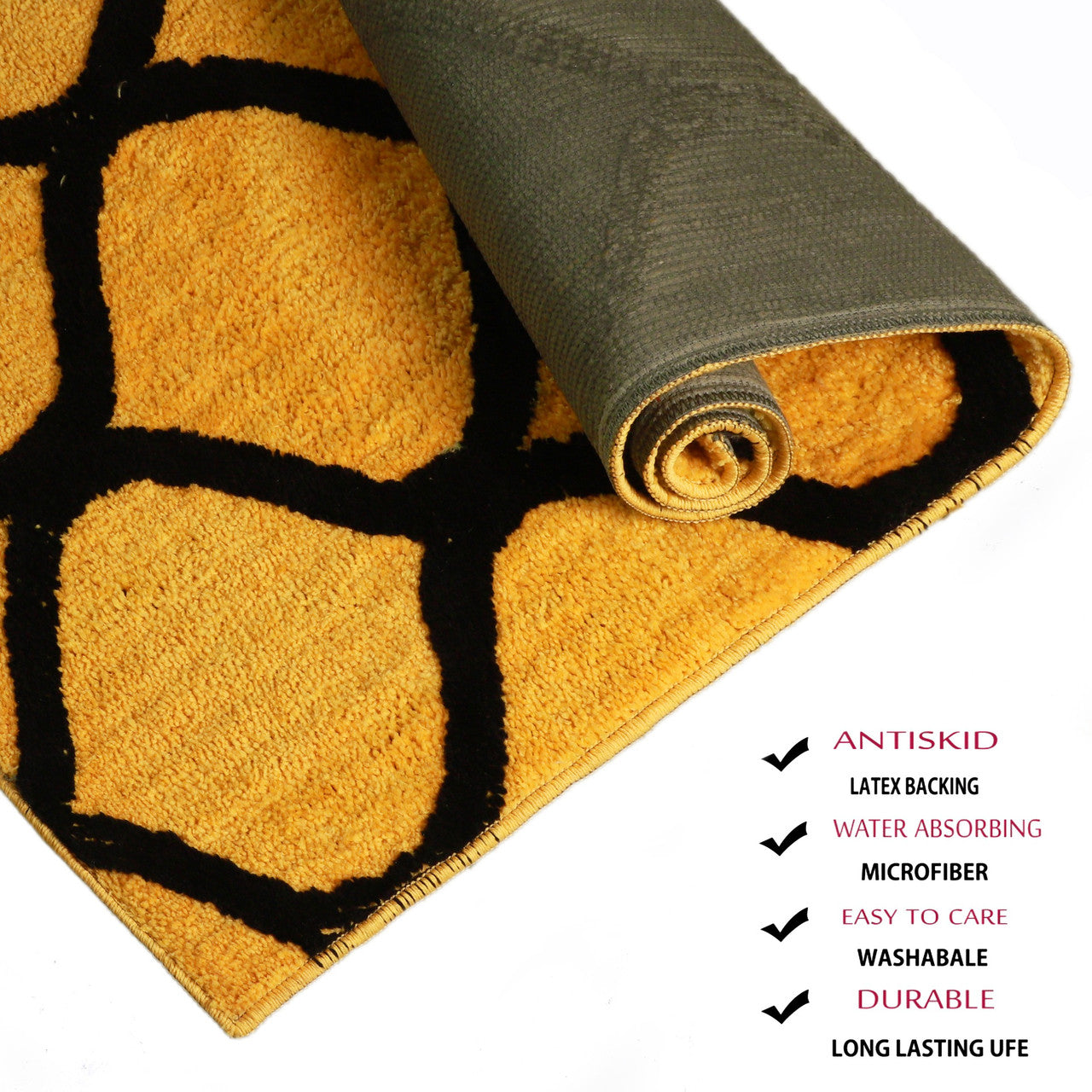 Yellow & Black Geometric Bedside Runner – Soft Microfiber, Anti-Skid Rubber Backing