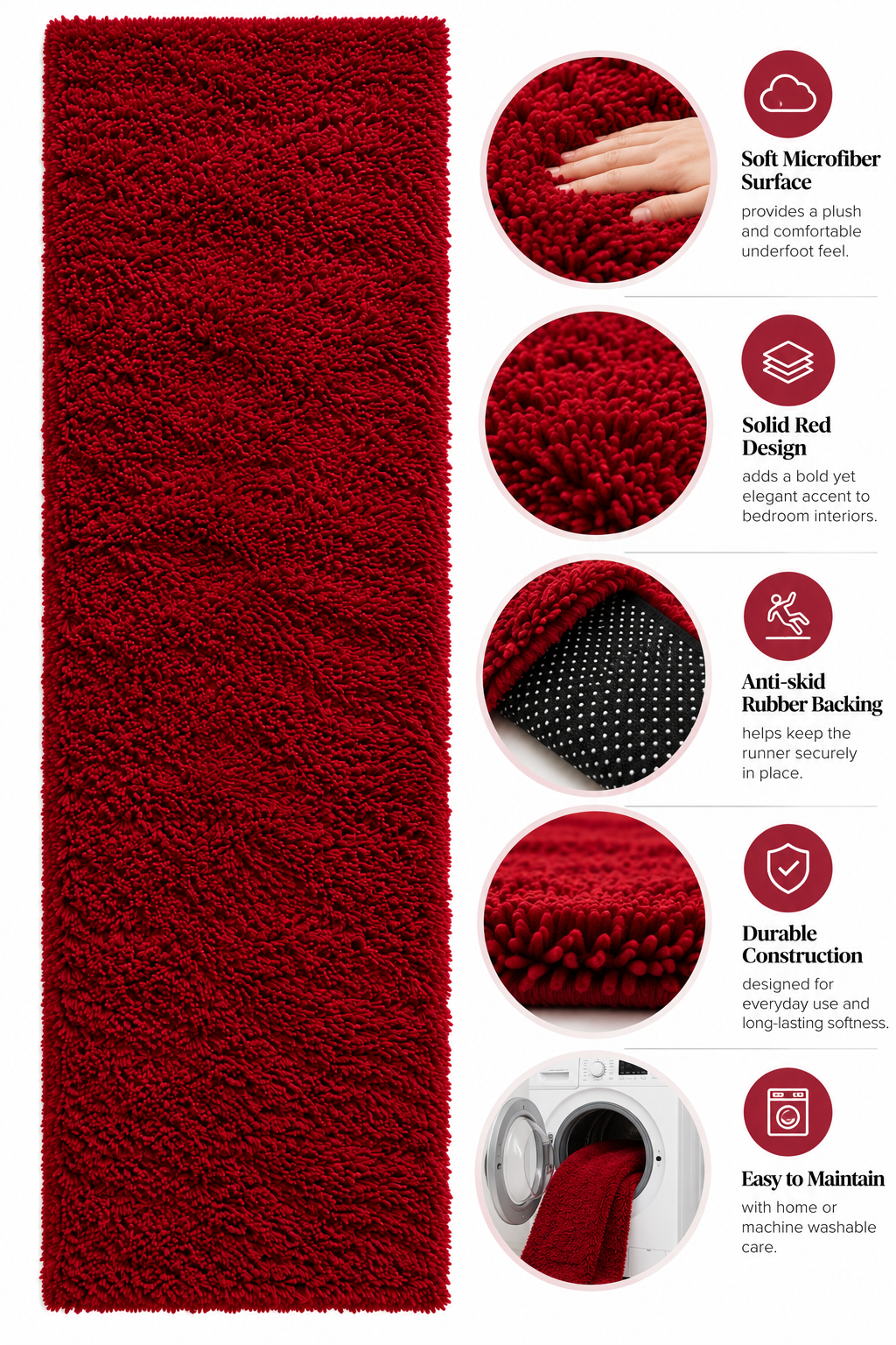 Beautiful Red 2 Inch Pile Premium Micro Runner - Soft Feel, Anti-Skid Backing