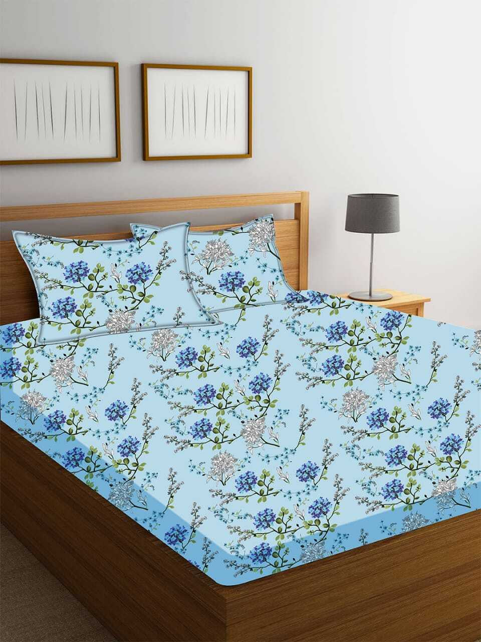 Kashyapa Rugs Microfiber King Floral Fitted (Elastic) Bedsheet (Pack of 1 Bedsheet + 2 Pillow Covers, blue flower!!)