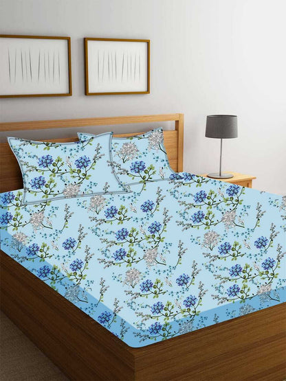 Kashyapa Rugs Microfiber King Floral Fitted (Elastic) Bedsheet (Pack of 1 Bedsheet + 2 Pillow Covers, blue flower!!)