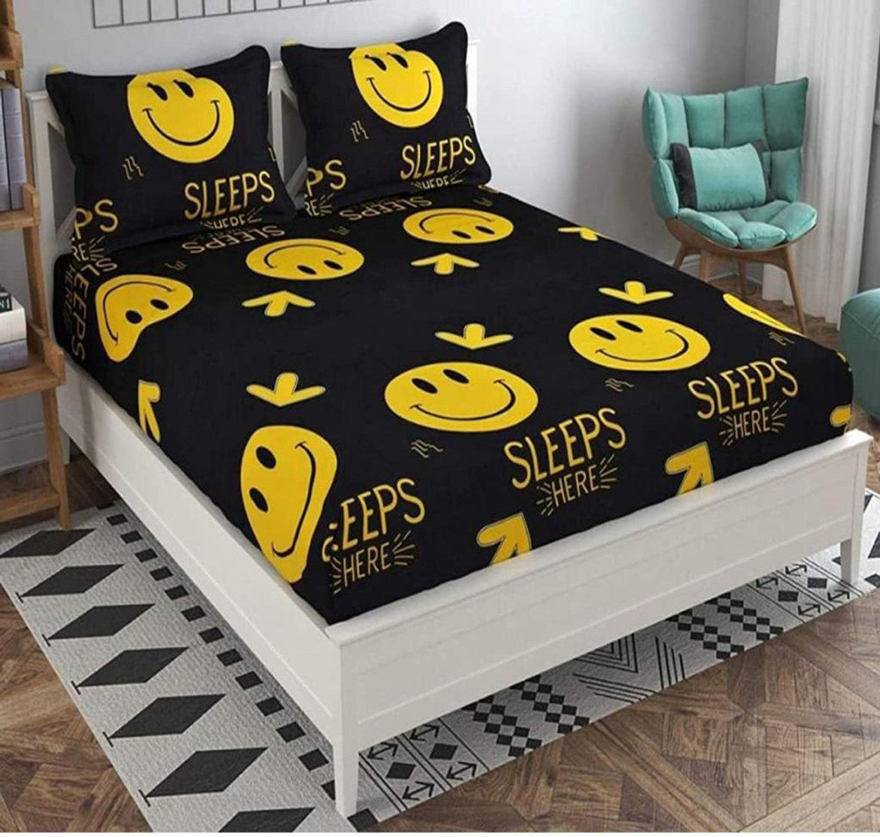 Kashyapa Rugs Cotton Double Cartoon Flat Bedsheet  (Pack of 1 Bedsheet + 2 Pillow Covers, BLACK YELLOW SMILY)