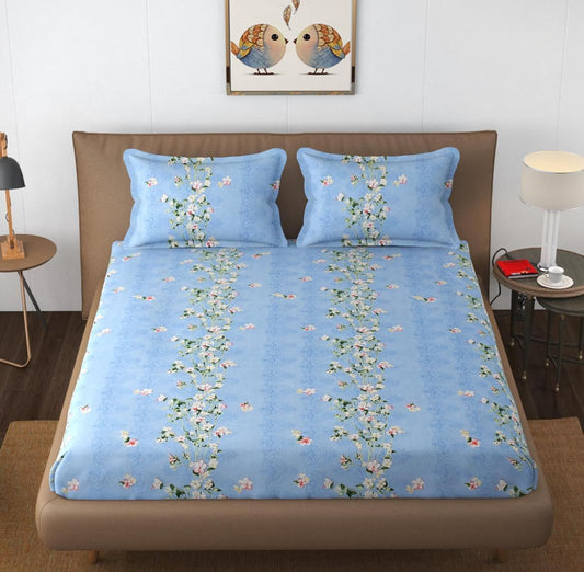 Kashyapa Rugs Cotton Double Floral Fitted (Elastic) Bedsheet  (Pack of 1 Bedsheet + 2 Pillow Covers, Blue, White, flower)