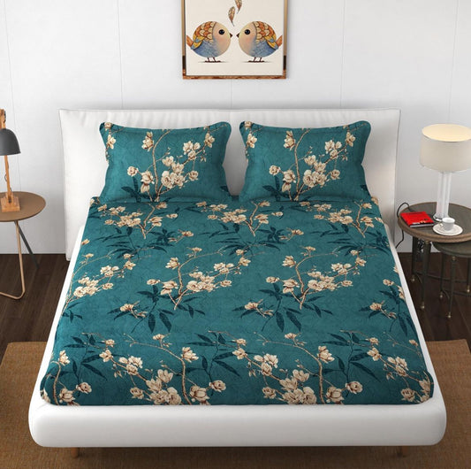 Kashyapa Rugs Cotton Double Floral Fitted (Elastic) Bedsheet  (Pack of 1 Bedsheet + 2 Pillow Covers, Green, White, flower)