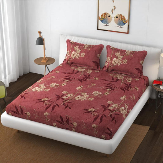 Kashyapa Rugs Cotton Double Floral Fitted (Elastic) Bedsheet  (Pack of 1 Bedsheet + 2 Pillow Covers, Red, flower)