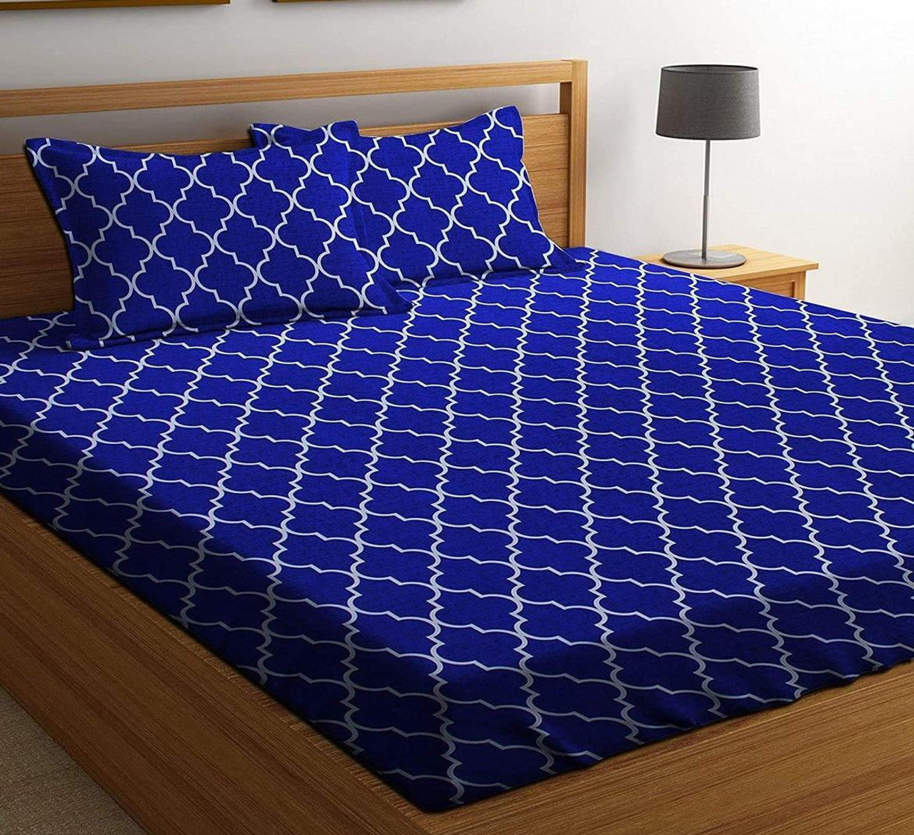 Kashyapa Rugs Cotton King Printed Fitted (Elastic) Bedsheet  (Pack of 1 Bedsheet + 2 Pillow Covers, BLUE MANDIR)