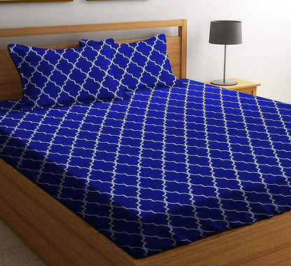 Kashyapa Rugs Cotton King Printed Fitted (Elastic) Bedsheet  (Pack of 1 Bedsheet + 2 Pillow Covers, BLUE MANDIR)