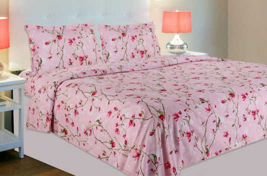 Kashyapa Rugs Cotton King Printed Fitted (Elastic) Bedsheet  (Pack of 1 Bedsheet + 2 Pillow Covers, Pink, Red1)