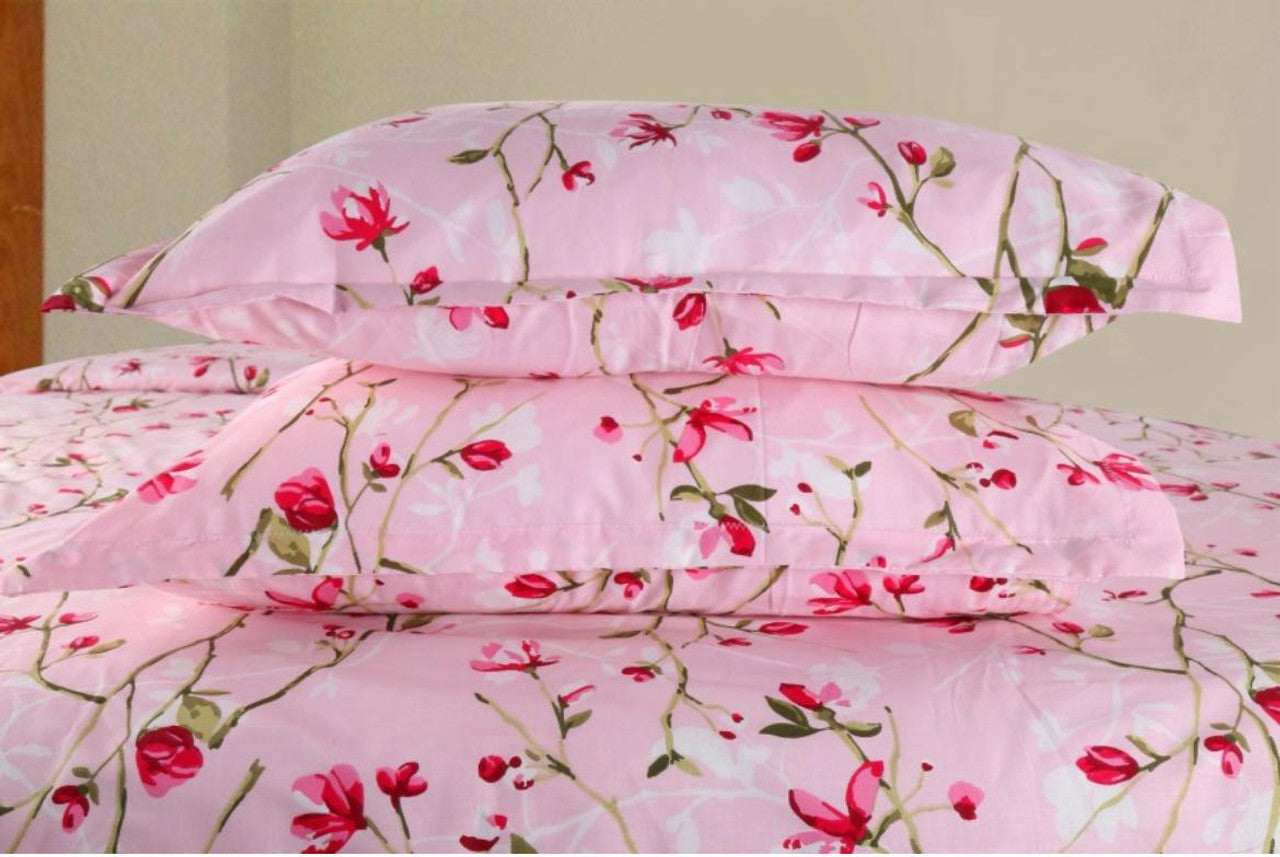 Kashyapa Rugs Cotton King Printed Fitted (Elastic) Bedsheet  (Pack of 1 Bedsheet + 2 Pillow Covers, Pink, Red1)