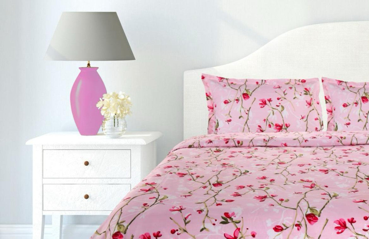 Kashyapa Rugs Cotton King Printed Fitted (Elastic) Bedsheet  (Pack of 1 Bedsheet + 2 Pillow Covers, Pink, Red1)