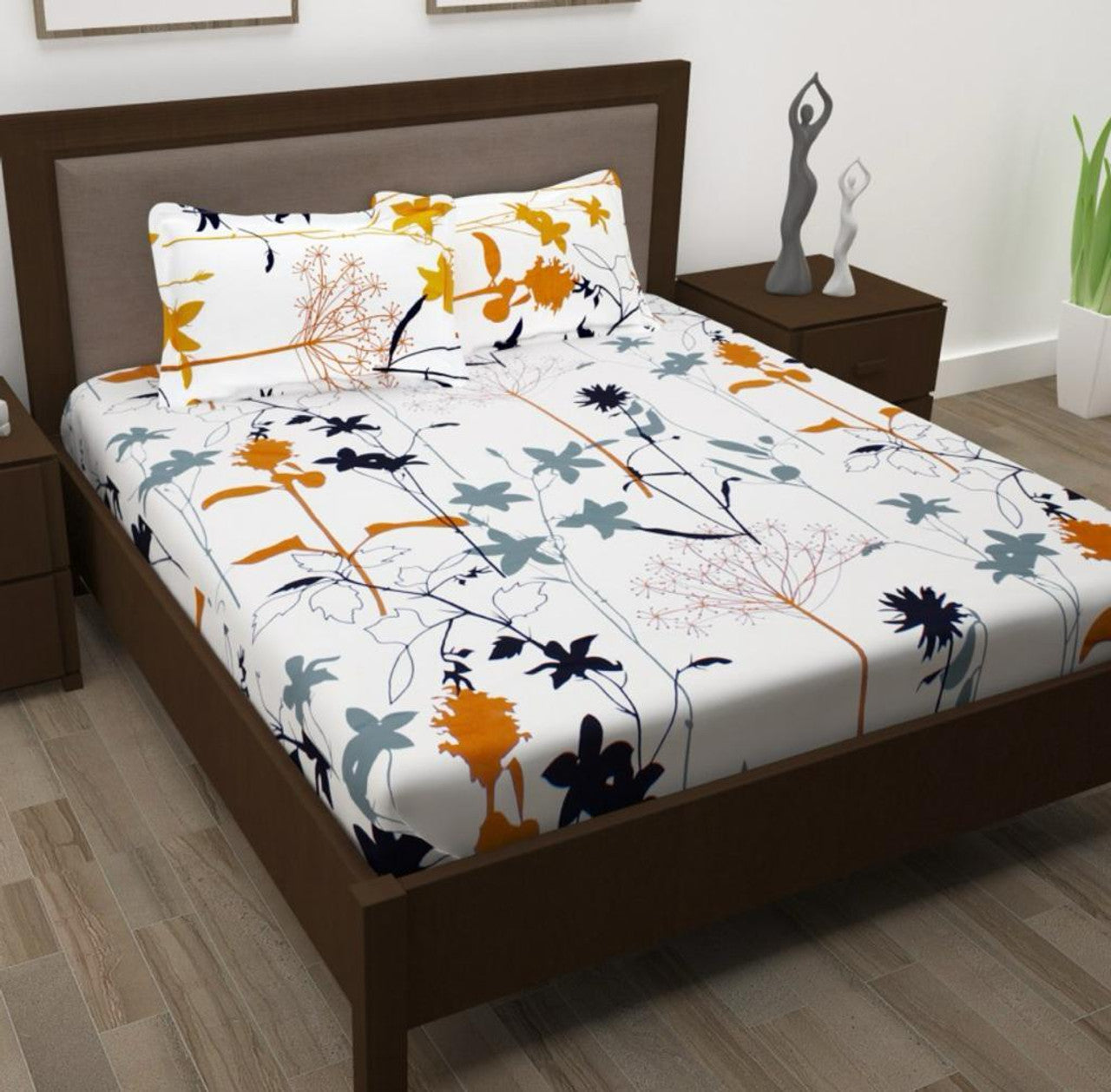 Kashyapa Rugs Cotton King Printed Fitted (Elastic) Bedsheet (Pack of 1 Bedsheet + 2 Pillow Covers, WHITE OR BLACK)