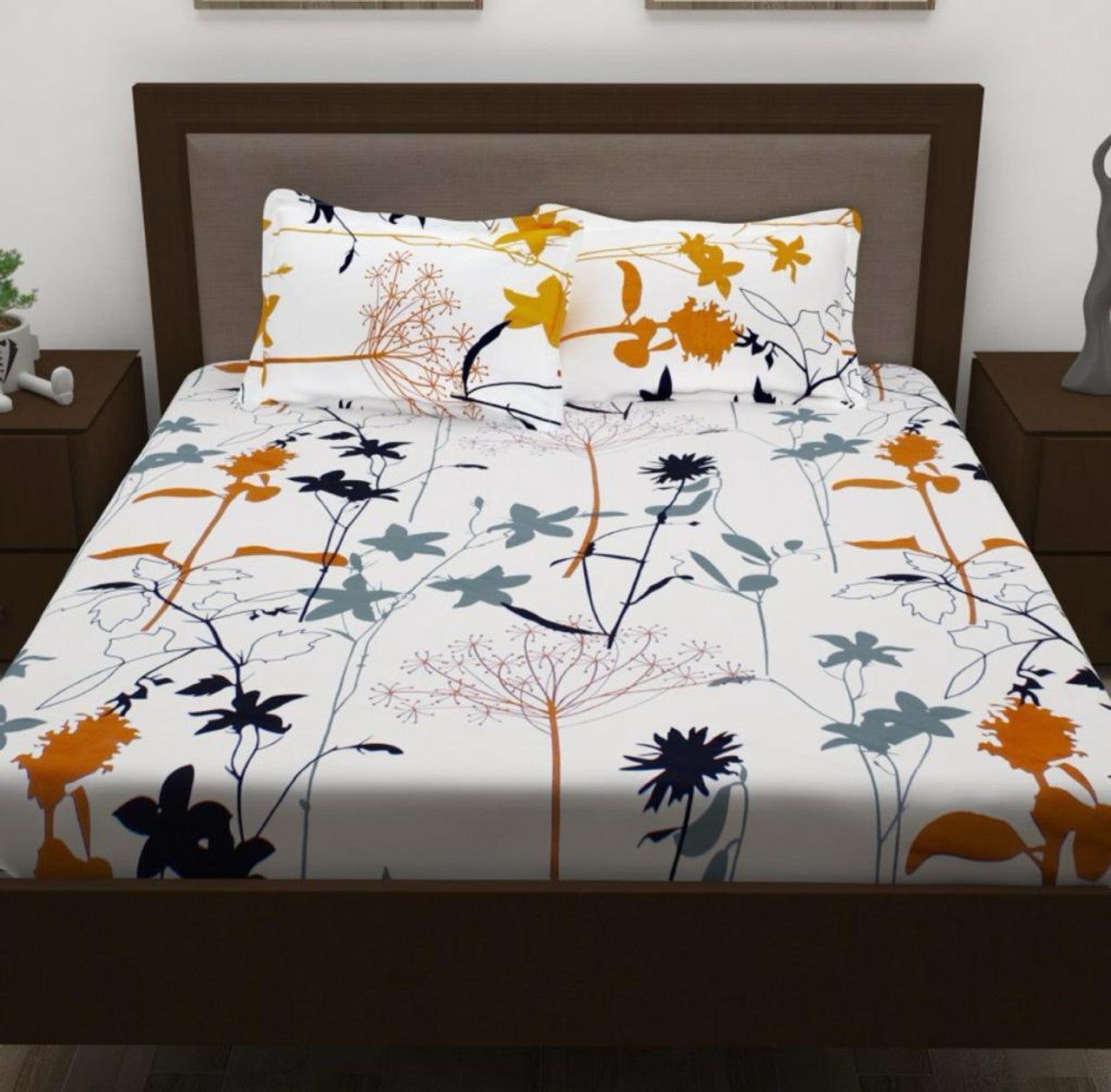 Kashyapa Rugs Cotton King Printed Fitted (Elastic) Bedsheet (Pack of 1 Bedsheet + 2 Pillow Covers, WHITE OR BLACK)