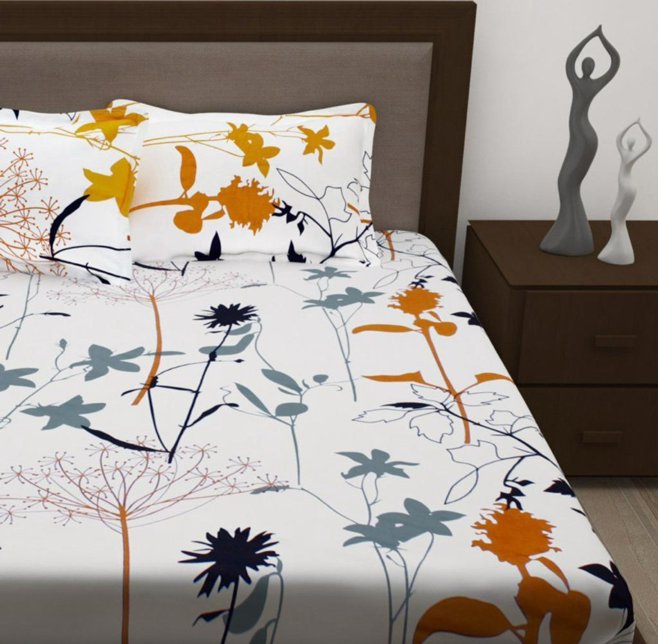 Kashyapa Rugs Cotton King Printed Fitted (Elastic) Bedsheet (Pack of 1 Bedsheet + 2 Pillow Covers, WHITE OR BLACK)