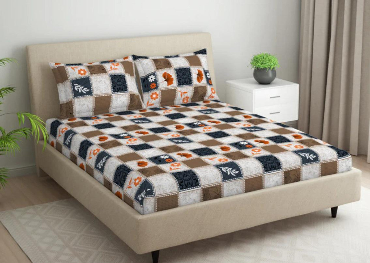 Kashyapa Rugs Cotton King Printed Fitted (Elastic) Bedsheet  (Pack of 1 Bedsheet + 2 Pillow Covers, White, flower)