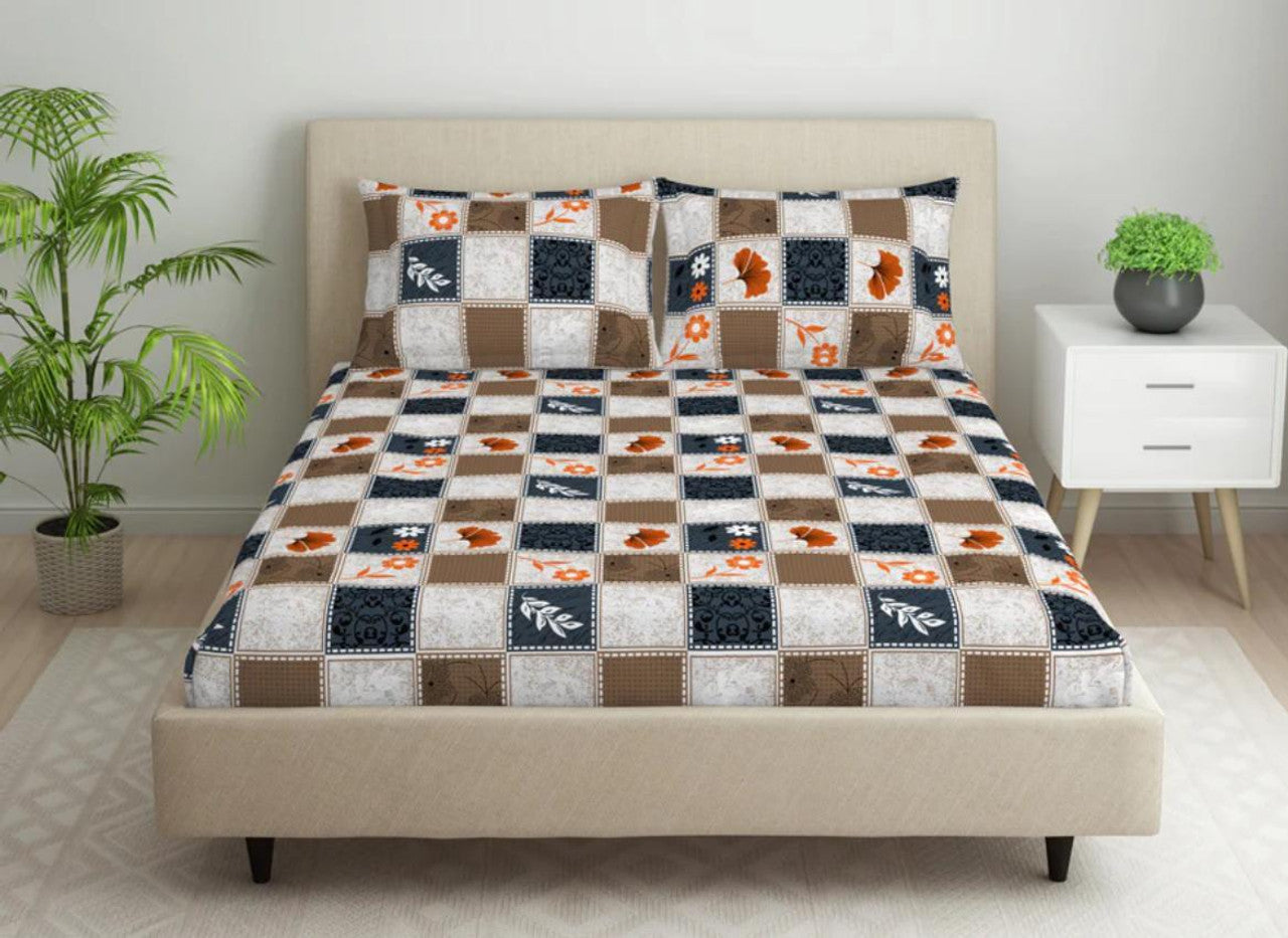Kashyapa Rugs Cotton King Printed Fitted (Elastic) Bedsheet  (Pack of 1 Bedsheet + 2 Pillow Covers, White, flower)