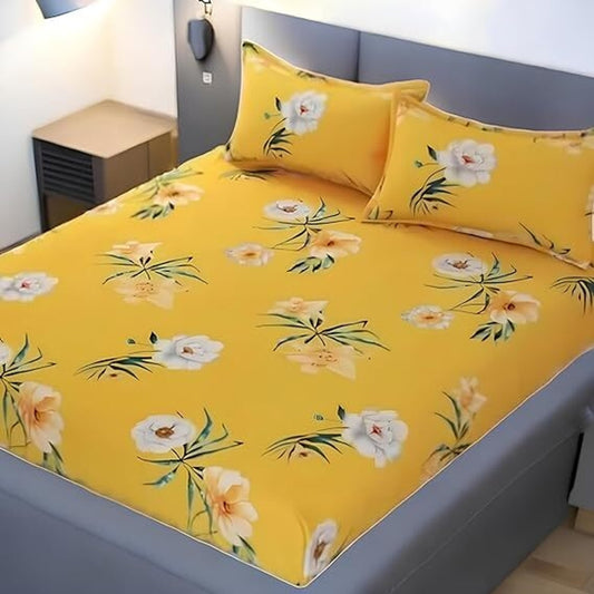 Kashyapa Rugs Cotton King Printed Fitted (Elastic) Bedsheet  (Pack of 1 Bedsheet + 2 Pillow Covers, Yellow, flower)