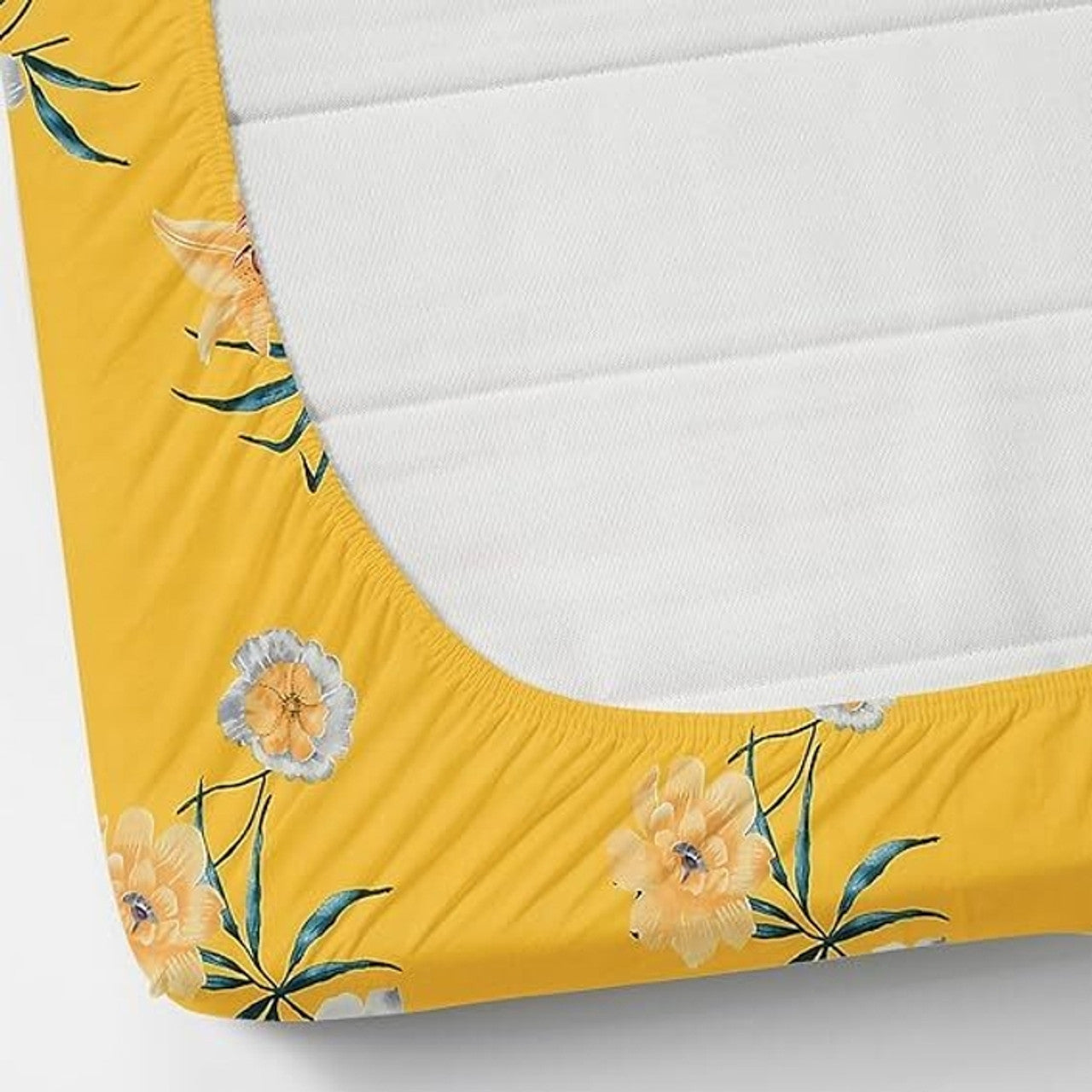 Kashyapa Rugs Cotton King Printed Fitted (Elastic) Bedsheet  (Pack of 1 Bedsheet + 2 Pillow Covers, Yellow, flower)