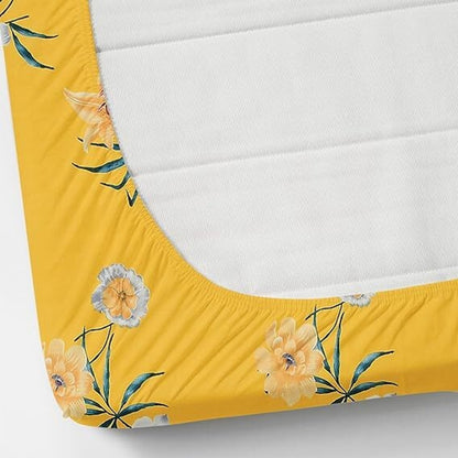 Kashyapa Rugs Cotton King Printed Fitted (Elastic) Bedsheet  (Pack of 1 Bedsheet + 2 Pillow Covers, Yellow, flower)